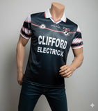 Mannequin wearing a black sports jersey with 'Clifford Electrical' branding on a gray background